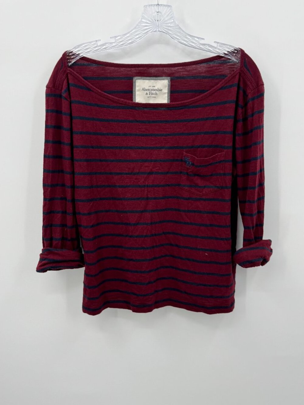 Abercrombie & Fitch Striped Boatneck Top L Burgundy Navy Blue Modal Pocket Shirt